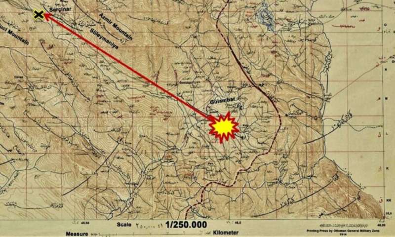 The original map showing the fall area. “X”-shaped sign at the end of the meteor’s possible trajectory (based on the explanations in the historical manuscripts) indicates the approximate location of the man who was reportedly killed by the impact of a meteorite. “Star-shaped” sign at the lower right side of the map depicts the approximate explosion location over the Gulambar sky. Scale in kilometers is indicated at the bottom, below the notation of 1:250.000 on the original map (written in Ottoman Turkish as well next to the scale). Credit: Unsalan et al., Meteoritics and Planetary Science, 2020.