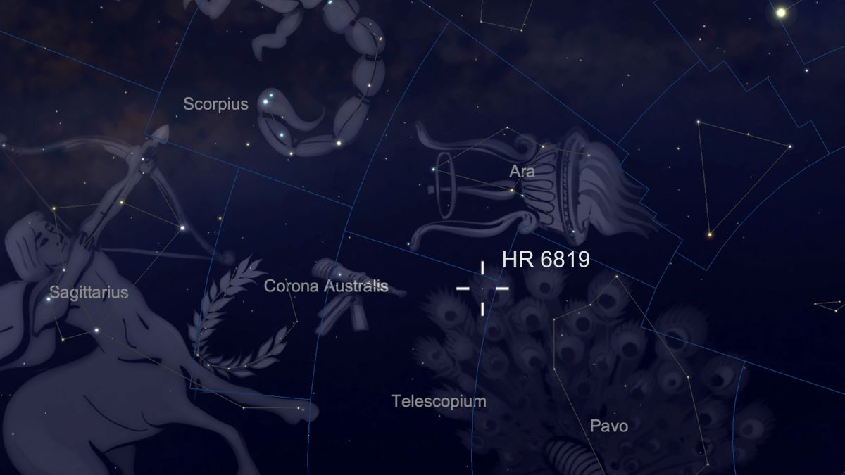 The HR 6819 triple system, which consists of two stars and a black hole, is located in the modern constellation of Telescopium, which is visible from the Southern Hemisphere. The fifth-magnitude stars are bright enough to see without binoculars or a telescope under a clear, dark sky. (Image credit: SkySafari)
